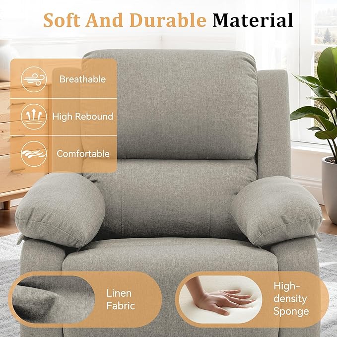 Recliner Chair, 360 Swivel Rocker Chair for Adults, Small Rocking Recliner for Small Spaces, Upholstered Fabric Glider Recliner Nursery (Swivel Rocker Recliner, Light Khaki)