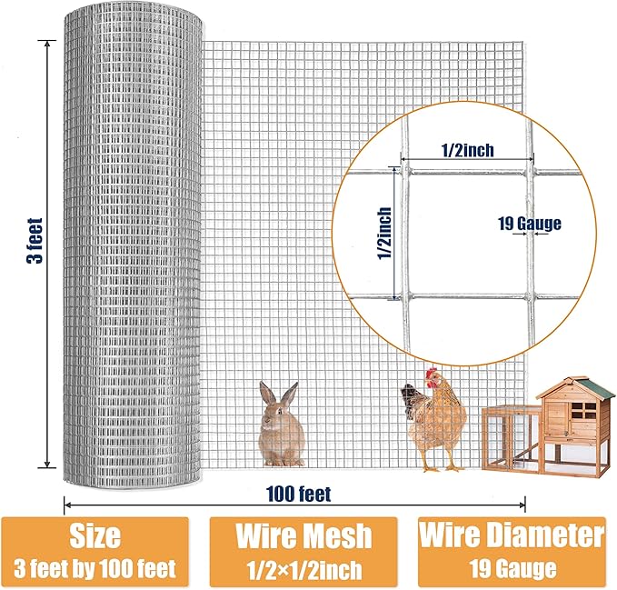 1/2inch 36Inch（H）x100Ft（L）19 Gauge Hardware Cloth Chicken Wire Fencing Hot-Dipped Galvanized Welded Chicken Wire Mesh Roll Metal Fence for Poultry Cage Home Improvement Projects