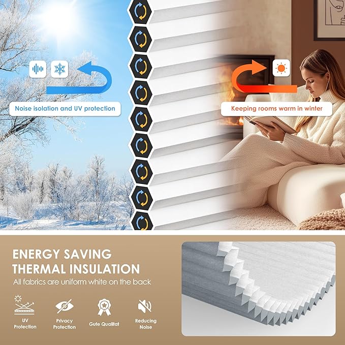 LazBlinds No Tools No Drill Cordless Cellular Shades, Light Filtering Honeycomb Shades for Home, Thermal Insulation Blinds for Windows, 47" W x 64" H, Dark Grey