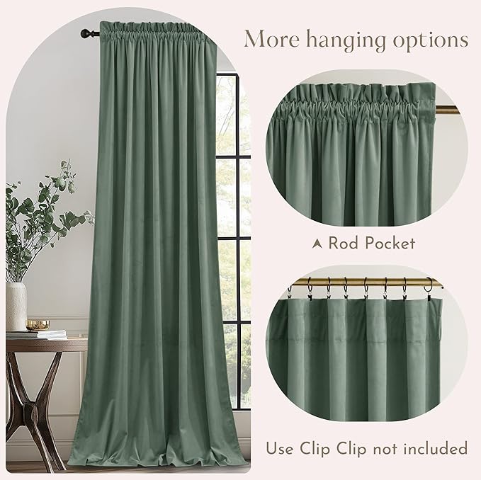 NICETOWN Green Velvet Curtains 96 inches Long 2 Panels - Blackout Drapes for Bedroom and Living Room Silky Touch Room Darkening and Sound Dampening for Office, Dorm, Seafoam Green, 52 x 96