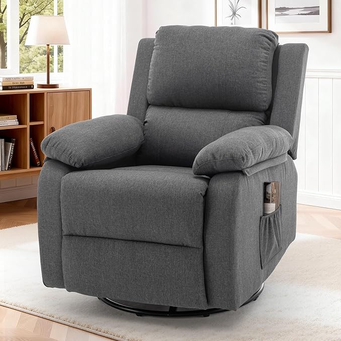 Recliner Chair, 360 Swivel Rocker Chair for Adults, Small Rocking Recliner for Small Spaces, Upholstered Fabric Glider Recliner Nursery (Swivel Rocker Recliner, Grey)