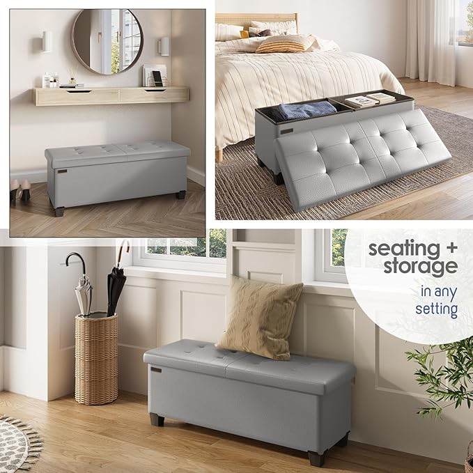 Storage Ottoman Bench with Bins, 43-in Storage Bench for Bedroom End of Bed, Folding Foot Rest Ottoman for Living Room Max 660lbs, Leather Ottomans, Light Grey