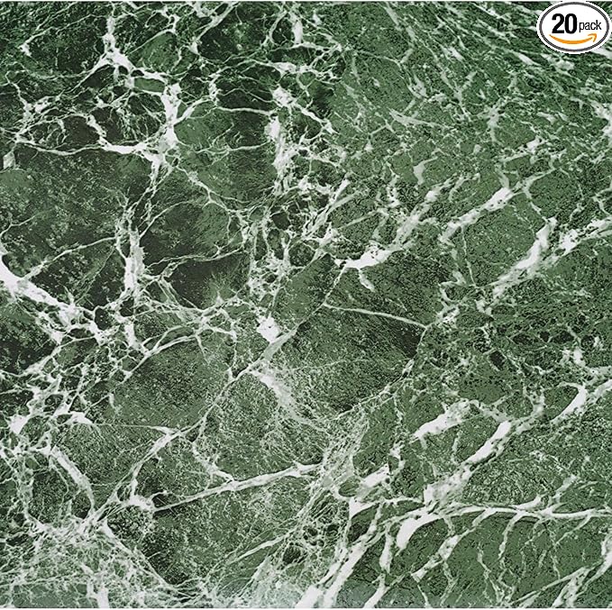 Nexus Self Adhesive Vinyl Floor Tiles, 20 Tiles - 12'' x 12'', Forest Marble Peel & Stick, DIY Flooring for Kitchen, Dining Room, Bedrooms Bathrooms by Achim Home Decor, Dark Green with White Vein