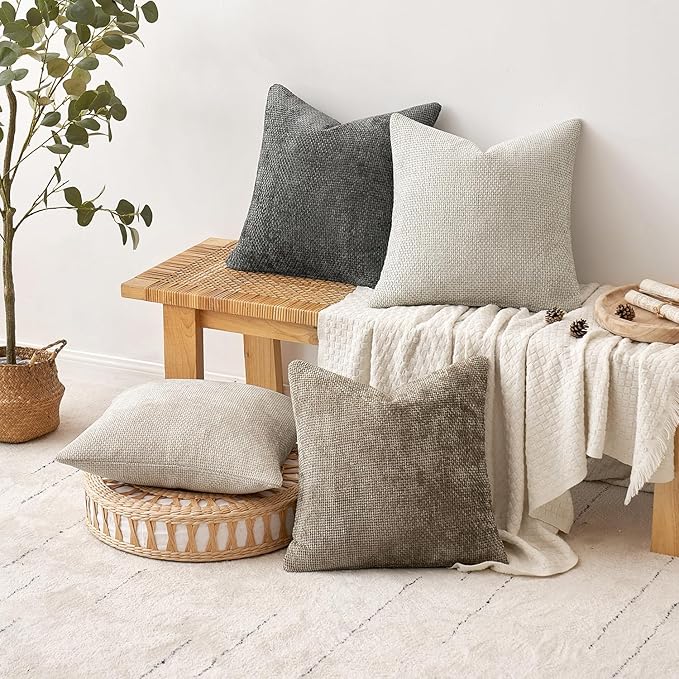MIULEE Pack of 4 Couch Throw Pillow Covers 18x18 Inch Neutral Soft Decorative Chenille Pillow Covers Farmhouse Boho Cushion Covers for Mid Century Modern Spring Home Decor Sofa Bedroom Living Room