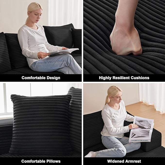 110” Cloud Sectional Couch, Boneless Sofa for Living Room, Modular Sectional Sofa with Deep Seat, Comfy Fluffy U-Shaped Couch with Right-Facing Chaise, No Assembly Required, Black