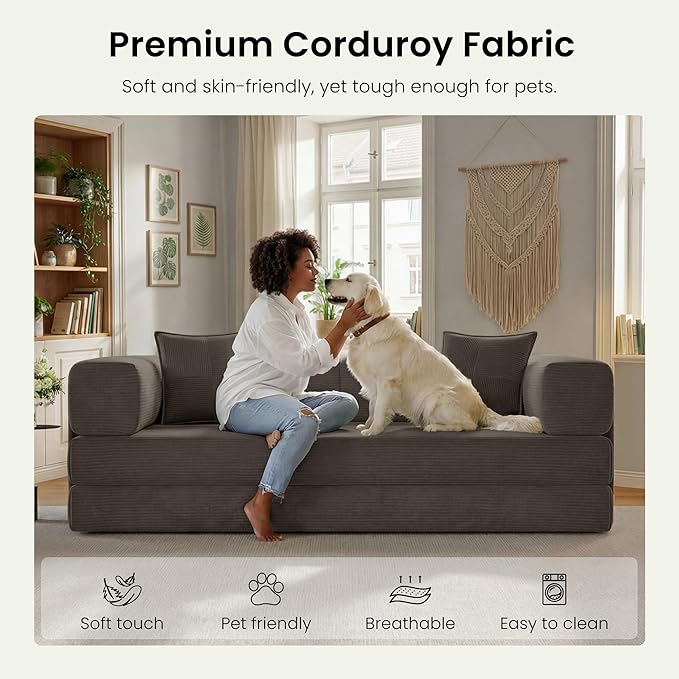 78.8" Convertible Futon Sofa Bed,Corduroy Futon Couch with Storage Pocket,Folding Pull Out Sofa,No Assembly Boneless Couch for Living Room,Brown
