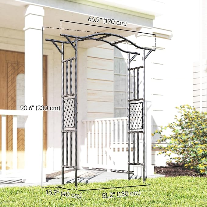Outsunny Garden Arch, 7.5ft PE-Coated Steel Garden Arch Trellis for Climbing Plants, Arbour Archway with Extended Top for Wedding Ceremony Garden Backyard Lawn Patio, Black