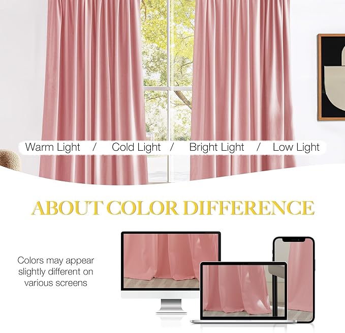 NICETOWN Pink Velvet Curtains 96 inch Length, Blush Pink Room Darkening Thermal Insulated Soft Luxury Light Blocking Panels for Kids, Rod Pocket Design W52 x L96, 2 Panels