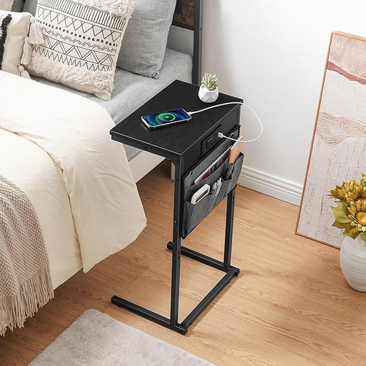 HOOBRO C Shaped End Table with Charging Station, 28" Tall Couch Table for Couch and Recliner for Small Spaces, Slide Under Sofa Table TV Tray with Storage Bag for Living Room, Black BB70USF01