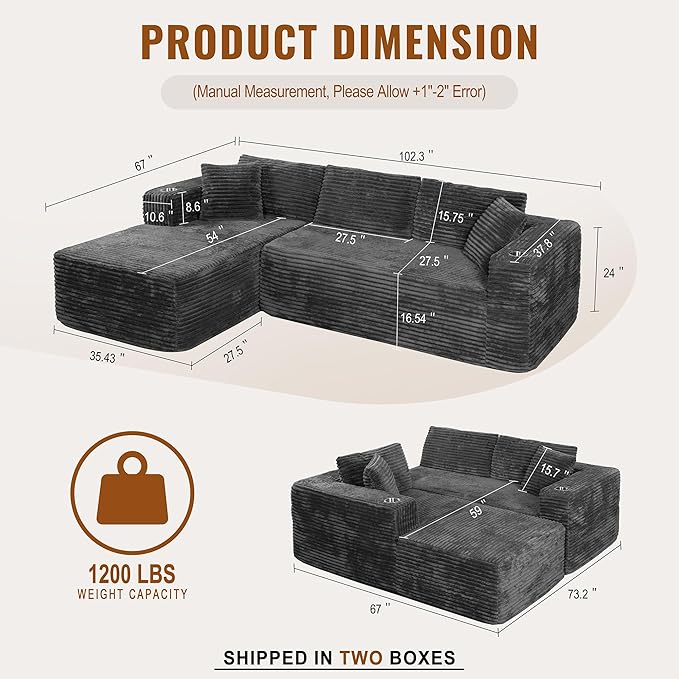 Shintenchi Boneless Couches for Living Room,Modular Sectional Sofa with 2 Cup Holders,Memory Foam Cloud Couch with L Shaped Oversized Chaise,No Assembly Needed Plush Corduroy Sofa,Dark Gray