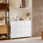 Dresser for Bedroom with 7 Drawers, Anti-Tip Wide Fabric Chests Storage Organizer Tower Furniture, TV Stand for TV up to 45 inch with Wooden Top Metal Frame for Clothes, Living Room, Hallway, Entryway