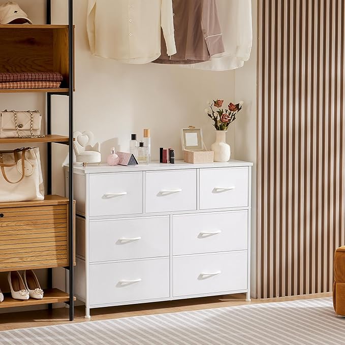 Dresser for Bedroom with 7 Drawers, Anti-Tip Wide Fabric Chests Storage Organizer Tower Furniture, TV Stand for TV up to 45 inch with Wooden Top Metal Frame for Clothes, Living Room, Hallway, Entryway