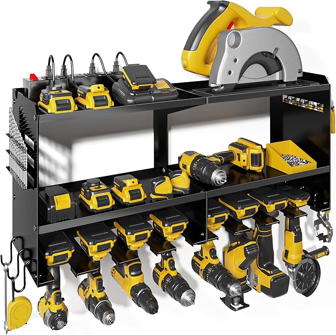 Power Tool Organizer Wall Mount with Charging Station, 15 Min Assembly & Maximum 420lb Load by Heavy Duty Metal, 8 Slots for Cordless Drill, Tool Battery Holder with 6 Outlet Power Strip