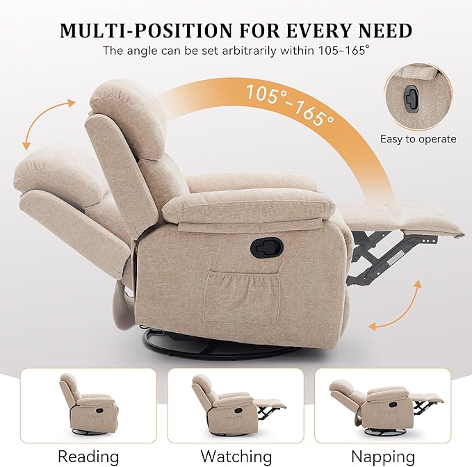 Recliner Chair, 360 Swivel Rocker Chair for Adults, Small Rocking Recliner Chair for Small Spaces, Upholstered Chenille Fabric Glider Recliner Nursery Chair with Side Pockets for Living Room