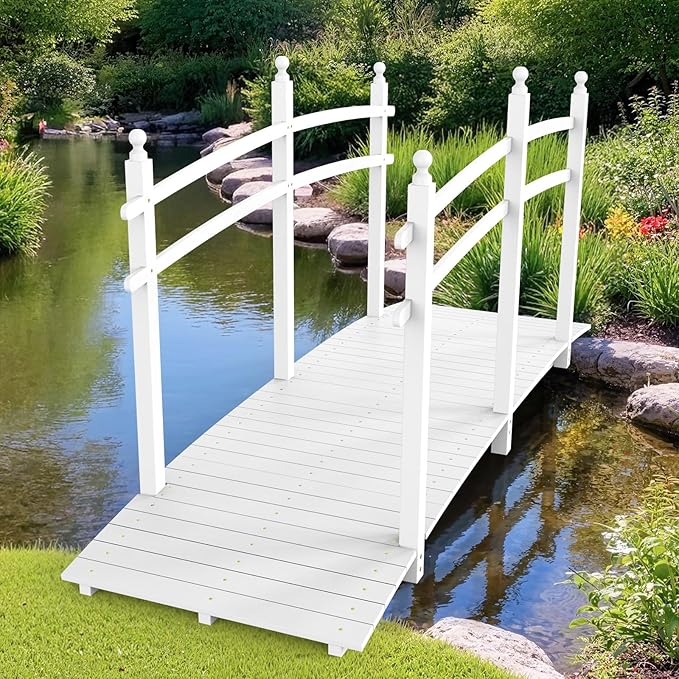 VINGLI Garden Bridge, Classic Wooden Bridge with Safety Rails, Decorative Arhced Footbridge for Patio Pond, Creek, Pathway (White, 7.5 ft)