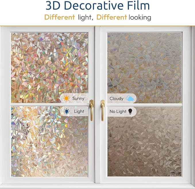 rabbitgoo Window Privacy Film Rainbow Film Decorative Window Sticker, 3D Static Stained Glass Cling Tint for Home Heat Control Non-Adhesive, Brown, 35.4 x 118.1 inches