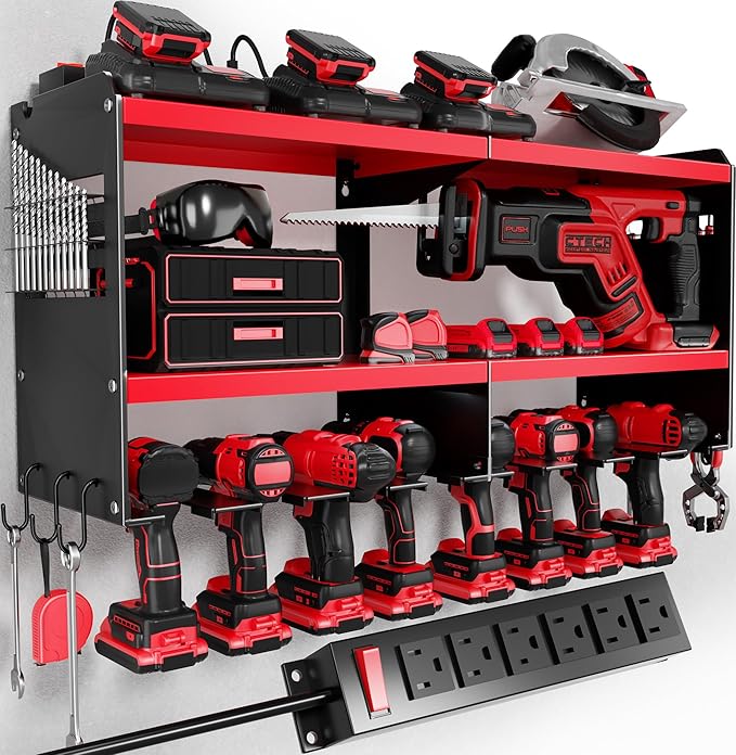 Power Tool Organizer Wall Mount with Charging Station, 15 Min Assembly & Maximum 420lbs Load by Heavy Duty Metal, 8 Slots for Cordless Drill, Tool Battery Holder with 6 Outlet Power Strip