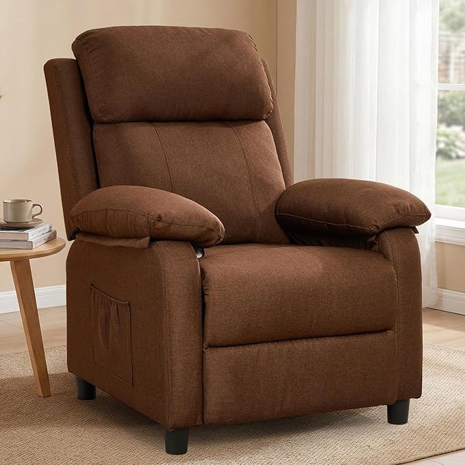Recliner Chair, Reading Chair for Adults with Side Pockets, Recliners with Padded Deep Seat, Small Recliners for Small Spaces, Linen Fabric Comfy Chair for Bedroom, Living Room, and RV
