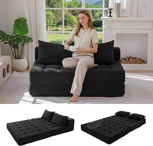 MAXYOYO Folding Sofa Couch, Convertible Floor Sleeper Couch with 2 Pillows, Tufted Floor Loveseat Couch Tufted Fold Out Chair Bed Comfy Sofa Lounge for Living Room Bedroom, Black