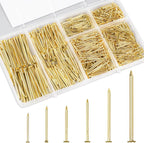 KURUI Gold Picture Hanging Nails Assortment Kit, 700 Pcs Wall Hanging Set for Frame, Art , Photo, 6 Sizes Brass Small Framing Nails for Home Improvement and Wall Decor