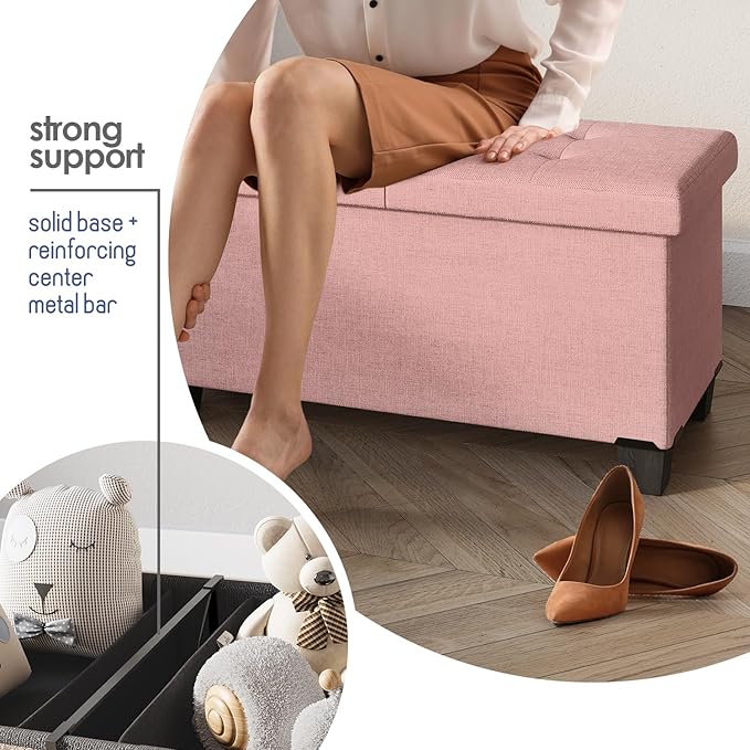 Storage Ottoman Bench with Bins, 43-in Storage Bench for Bedroom End of Bed, Folding Foot Rest Ottoman for Living Room Max 660lbs, Fabric Ottomans, Pink