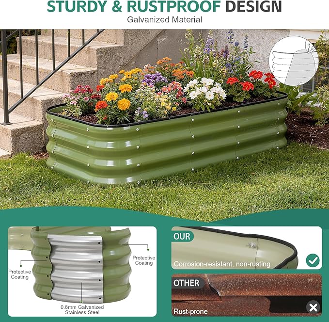 3 in 1 Galvanized Raised Garden Bed - 4x2x1ft Modular Garden Planter Bed Outdoor | Steel Raised Bed Kit with Bracing Rods, Gloves for Gardening Vegetables Fruits and Flowers (Green)