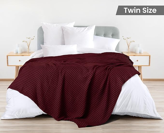 Utopia Bedding Burgundy 100% Cotton Waffle Blanket 300 GSM [Twin - 90x72 Inch] Soft Lightweight Breathable Bed Blanket for All Season