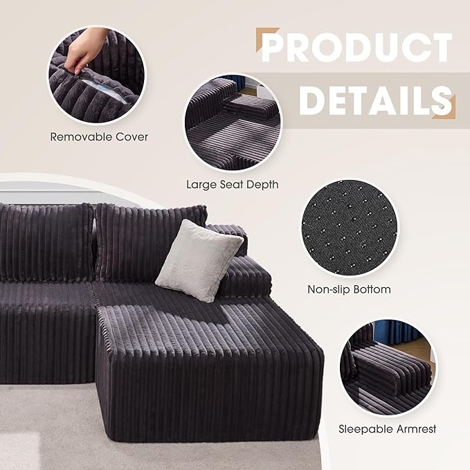 Modular Sectional Sofa Couches L-Shape Couch 3 Seat Modular Sofa Memory Foam Sectional Couches for Living Room, Cloud Couch with Oversized Chaise (Grey Stripe, 98" Right Facing Chaise)