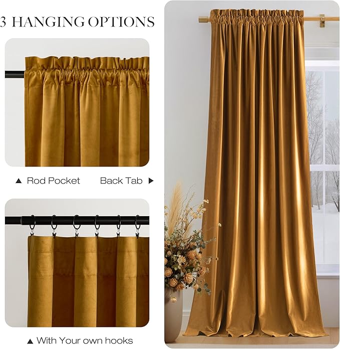 NICETOWN 96 inch Warm Velvet Blackout Curtains for Stage and Living Room, Mustard Yellow - Rod Pocket Floor to Ceiling Drapes Elegant Holiday Window Treatments (2 Pieces, 52" Wide)