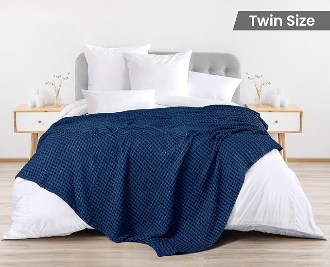 Utopia Bedding Navy 100% Cotton Waffle Blanket 300 GSM [Twin - 90x72 Inch] Soft Lightweight Breathable Bed Blanket for All Season