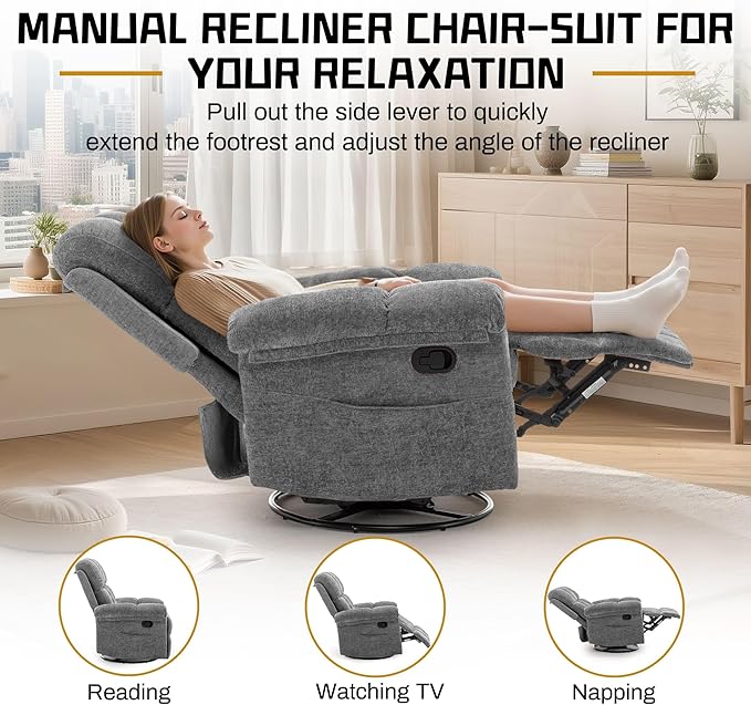 Recliner Chair, Swivel Rocker Recliner Chair for Adults, Small Recliners for Small Spaces, Manual Recliner with Side Pockets, Upholstered Nursery Rocking Chair for Living Room, Chenille, Grey