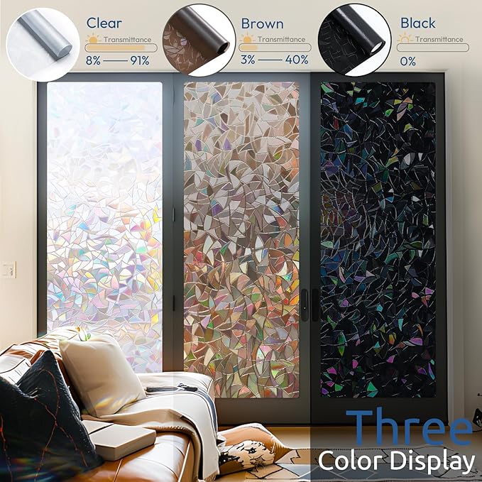 rabbitgoo Window Privacy Film Rainbow Film Decorative Window Sticker, 3D Static Stained Glass Cling Tint for Home Heat Control Non-Adhesive, Brown, 35.4 x 78.7 inches
