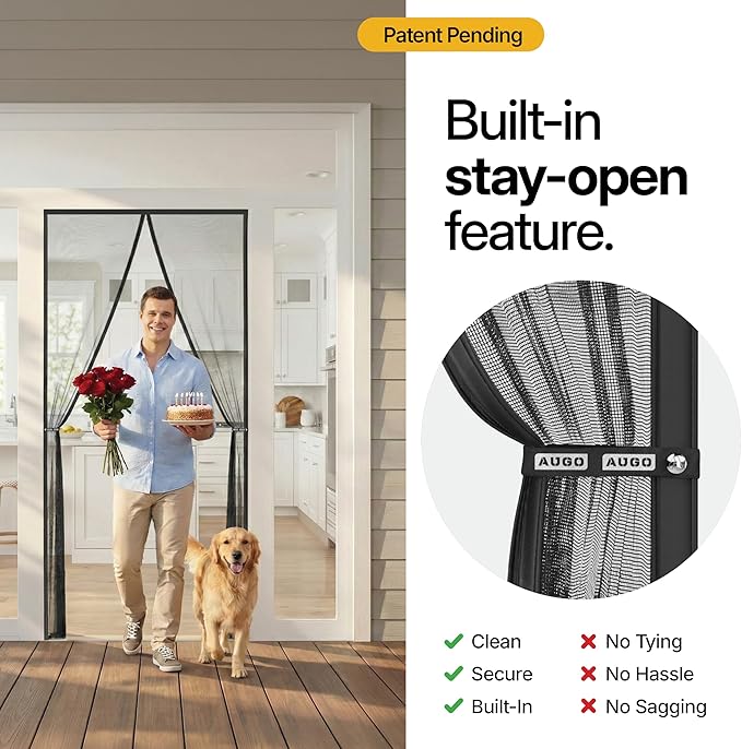 AUGO Magnetic Screen Door - Self Sealing, Heavy Duty, Hands Free Mesh Partition Keeps Bugs Out - Pet and Kid Friendly - Patent Pending Keep Open Feature - 38 Inch x 83 Inch