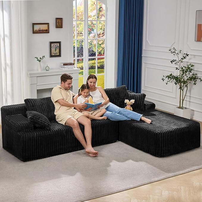 Modular Sectional Sofa Couches L-Shape Couch 3 Seat Modular Sofa Memory Foam Sectional Couches for Living Room, Cloud Couch with Oversized Chaise (Black Stripe, 108" Right Facing Chaise)