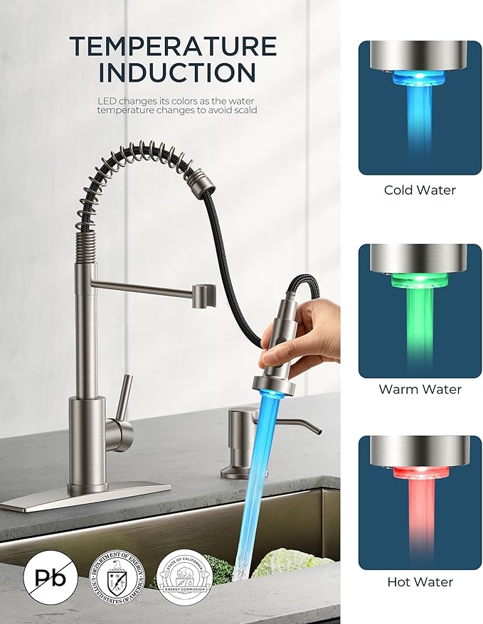 FORIOUS LED Kitchen Faucet with Pull Down Sprayer, Brushed Nickel Modern Single Handle Stainless Steel Commercial Spring Sink Faucet with LED Light for Pot Filler, Farmhouse Camper Bar Laundry Room