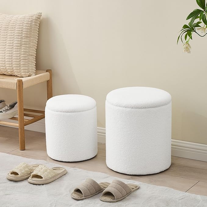Round Set of 2 Ottoman with Storage, Boucle Storage Ottoman Foot Stool, Soft Teddy Upholstered Small Vanity Stool, Ottomans Coffee Table Padded Seat Foot Rest for Living Room Bedroom, White