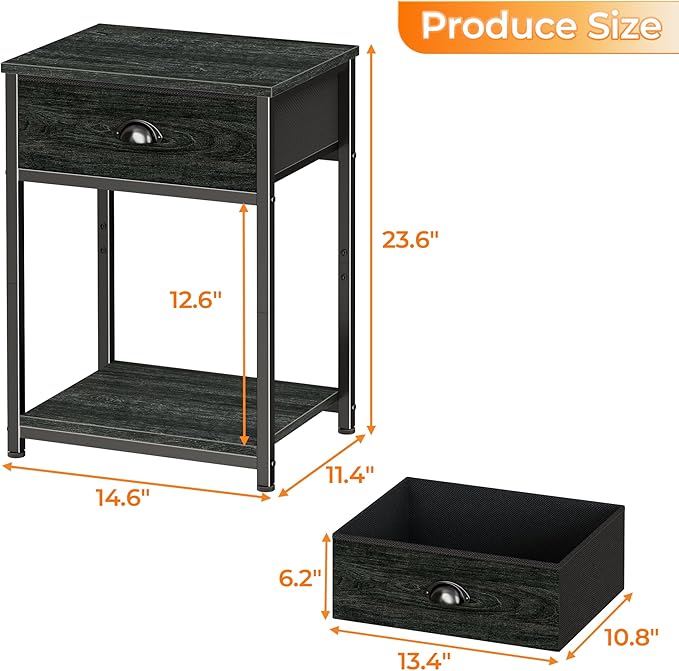 Furologee Nightstand with Fabric Drawer & Storage Shelf, Small Side Table for Small Space, 2 Tiers Industrial End Table for Living Room, Bedroom, Black Oak