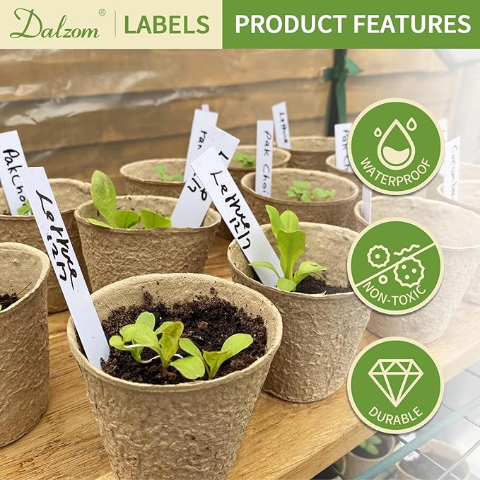 Dalzom® 300Pcs 4" Plant Labels with Marker Pen, Waterproof Plastic Plant Tags for Outdoor Seedlings Vegetable Garden Signs Markers Label Stakes (White)