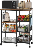 SWTYMIKI Kitchen Island Cart on Wheels - 28.35x14.57in Rolling Kitchen Table Cart with Storage Shelves, 6 Removable Hooks& Locking Casters, Coffee Bar Cabinet for Dining Room Pantry Office, Espresso