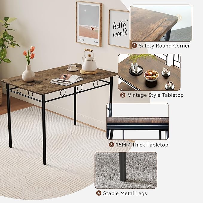 Vipbear 5-Piece Kitchen Table Set,Kitchen Dining Table Set for 4, Dining Room Table Sets with 4 Chairs,Rectangular Kitchen Table Set for Small Space, Dinette,Apartment, Classic Brown