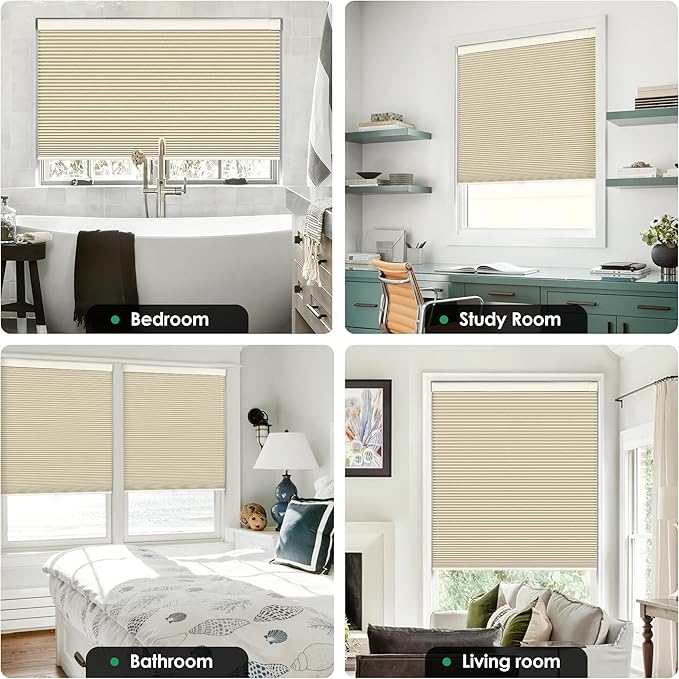 LazBlinds No Tools No Drill Cordless Cellular Shades, Blackout Light Blocking Honeycomb Shades for Home, Thermal Insulation Blinds for Windows, 34" W x 48" H, Beige