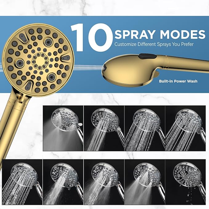 MakeFit Dual Filtered Rain Shower Head Combo, High Pressure Handheld Shower Head with Adjustable Bar - Rainfall Shower Head And Showerhead with Filter for Hard Water - Removes Chlorine(Gold)