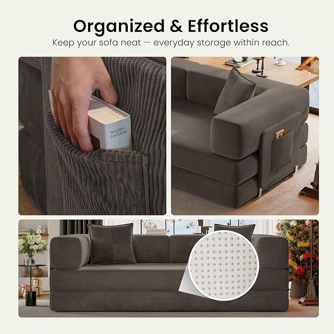 78.8" Convertible Futon Sofa Bed,Corduroy Futon Couch with Storage Pocket,Folding Pull Out Sofa,No Assembly Boneless Couch for Living Room,Brown