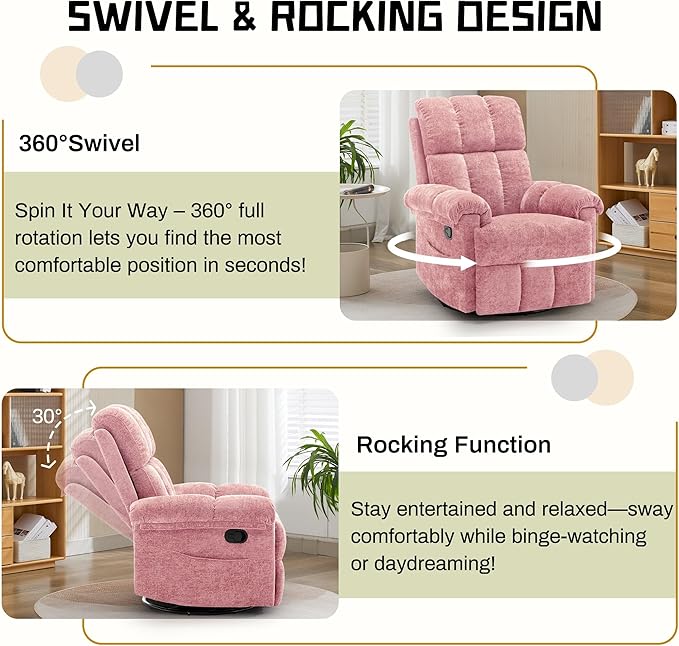 Recliner Chair, Swivel Rocker Recliner Chair for Adults, Small Recliners for Small Spaces, Manual Recliner Chair with Side Pockets, Nursery Rocking Chair for Living Room, Chenille, Rose Pink