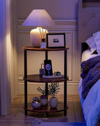 Small Round Side Table - 3-Tier Oval Accent Table for Small Spaces, Rustic Wood and Metal Nightstand for Living Room or Bedroom, with Built-in USB Ports and Power Outlet, Rustic Brown