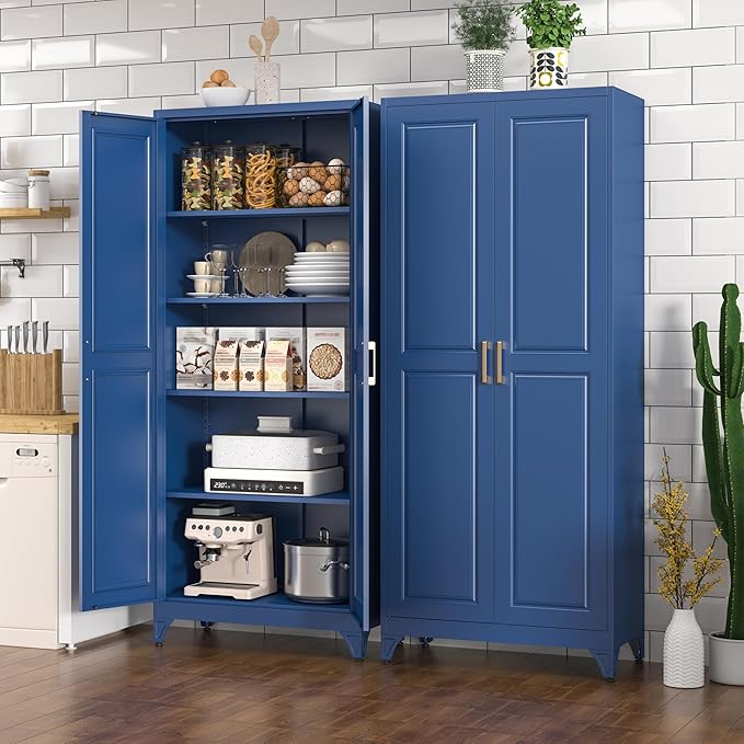 Metal Storage Cabinet,75" Tall Kitchen Pantry Storage Cabinet with Doors and Adjustable Shelves, Blue Metal Pantry Cabinets, Large Cupboard for Kitchen, Dining Living Room, Bathroom, Office