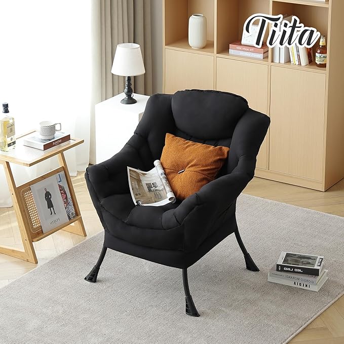Tiita Lazy Chair, Black Modern Large Accent Armchair, Comfy Leisure Sofa Reading Chair for Bedroom, Living Room, Dorm Rooms, Garden and Courtyard, Black