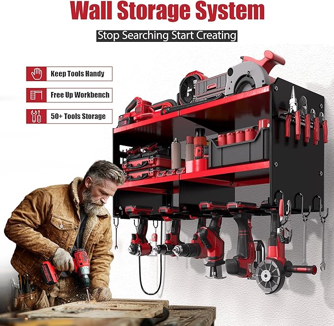 Power Tool Organizer Wall Mount with 4-Outlet Power Strip, Heavy Duty Metal Storage Rack for Garage, Holds 6 Drills & Batteries - Ideal Christmas Gifts for Men, Dad, Husband from Wife