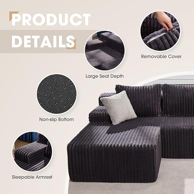 Modular Sectional Sofa Couches L-Shape Couch 3 Seat Modular Sofa Memory Foam Sectional Couches for Living Room, Cloud Couch with Oversized Chaise (Grey Stripe, 96" Left Facing Chaise)