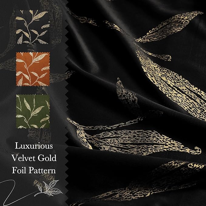 NICETOWN Black Velvet Curtains 2 Panels with Gold Foil Leaf Print – Modern Glam Black and Gold Drapes for Living Room, Luxury Room Darkening Window Treatments for Bedroom & Gothic Decor (50W x 84L)
